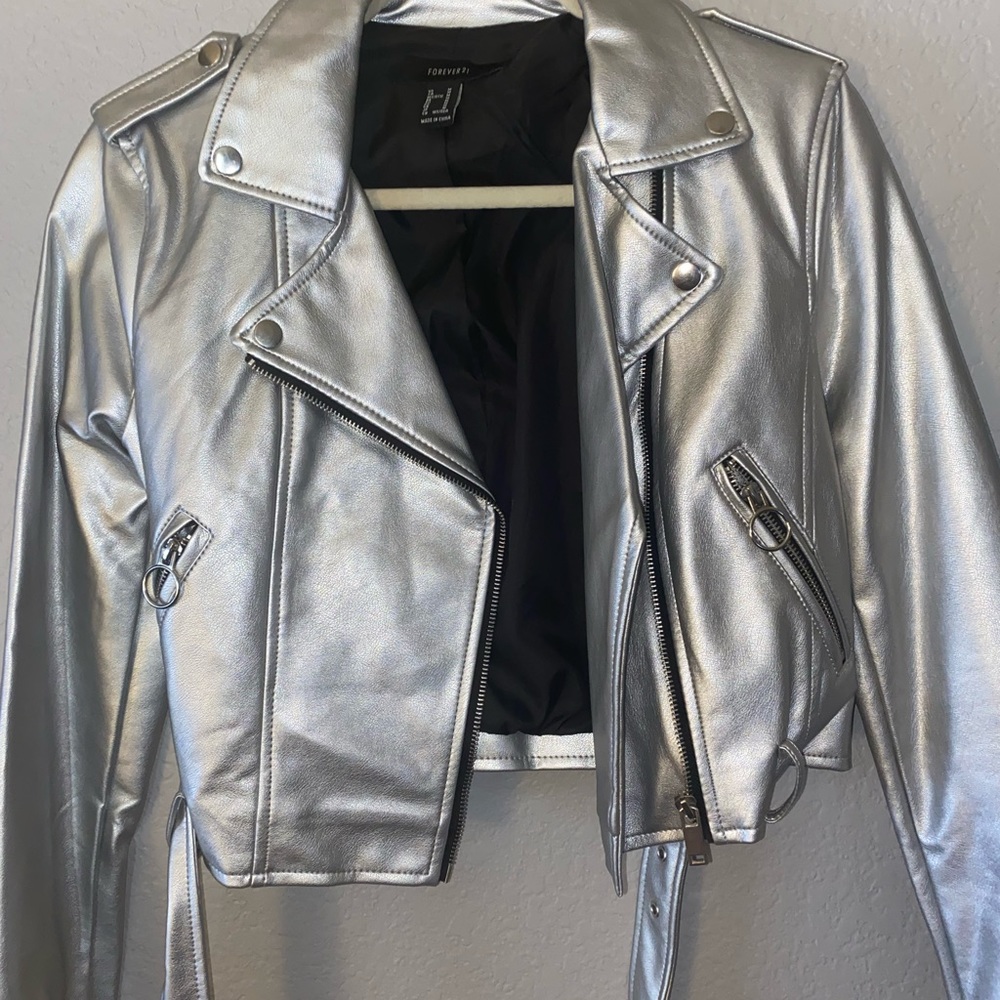 Silver Metallic Faux Leather Jacket